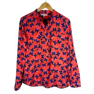 Gap Women’s Butterfly Print Long Sleeve Button Popover Blouse Top Coral Blue S